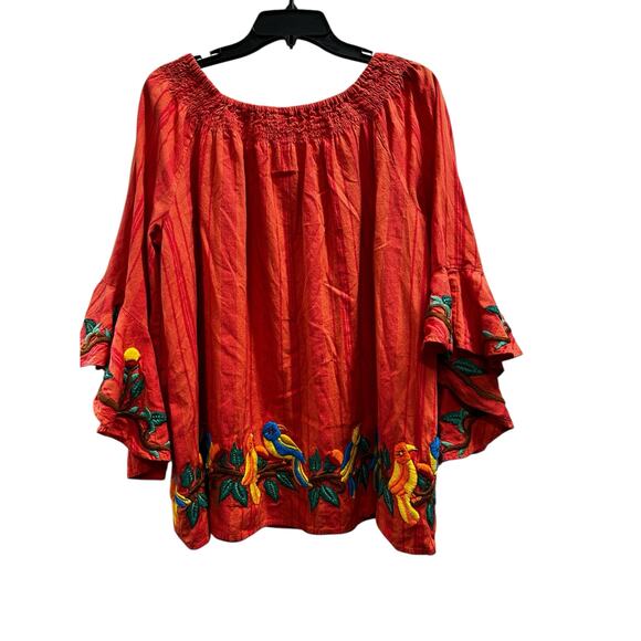 IVY Jane orange 3/4 dramatic bell sleeve embroidered tropical parrots SZ XL - Picture 2 of 9